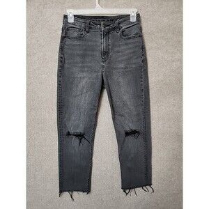 American Eagle Mom Crop Jeans Women 8 Long Faded Black Distressed Raw HemStretch
